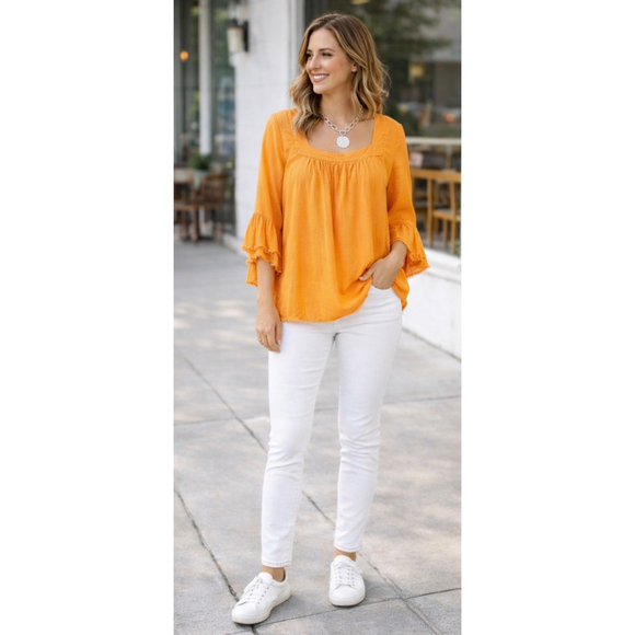 Women's Umgee Orange Ruffle Sleeve Blouse with frayed hem XL - Picture 9 of 11